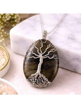Labradorite Tree Of Life Pendant Necklace With S925 Plated Chain Handmade Wire W